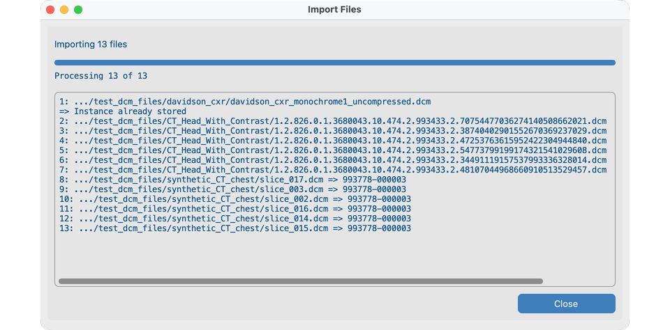 Import Files log — success, mismatch, and already stored