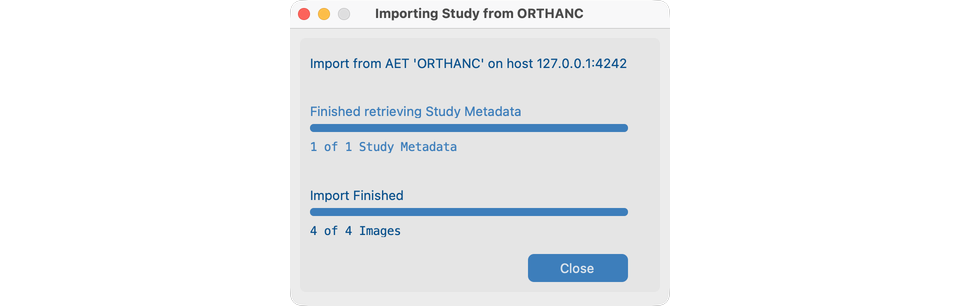 Import Studies dialog — CT series import finished