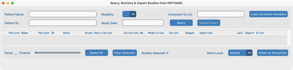 Query, Retrieve & Import — criteria, results, and import controls