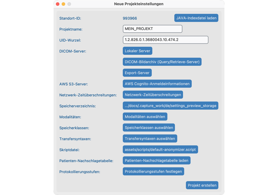Neue Projekteinstellungen