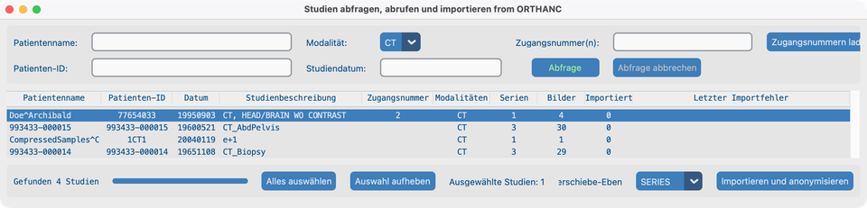 CT-Abfrageergebnisse — Doe^Archibald ausgewählt