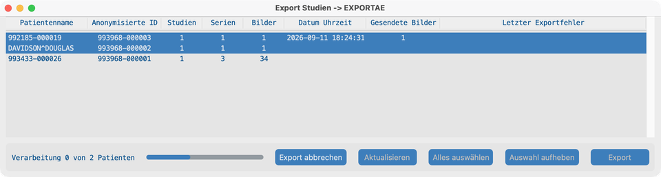 Senden — Export läuft