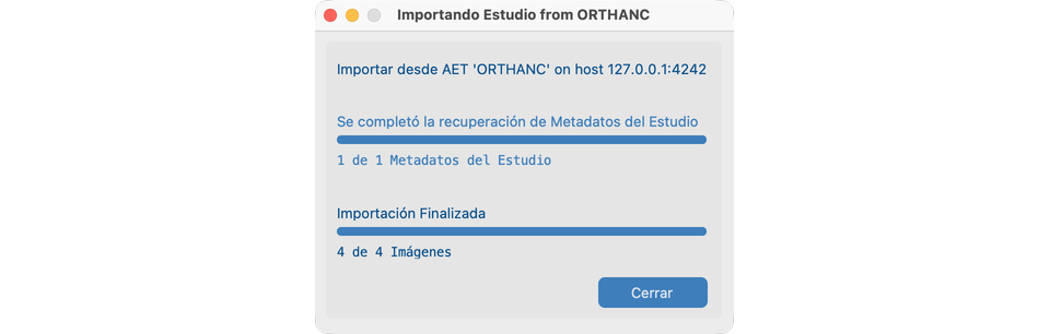Diálogo Importar Estudios — importación de series CT finalizada