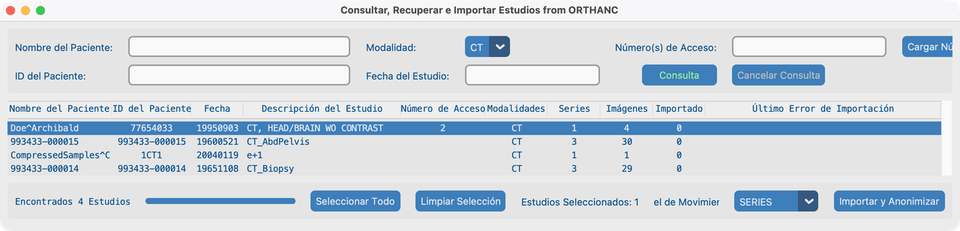 Resultados de consulta CT — Doe^Archibald seleccionado