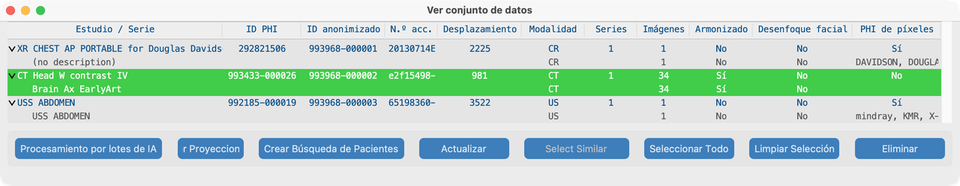 Conjunto de datos con Crear Búsqueda de Pacientes