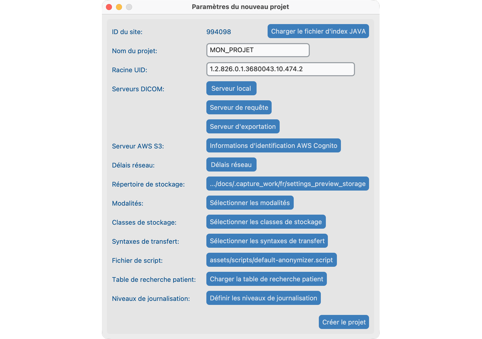 Paramètres du nouveau projet