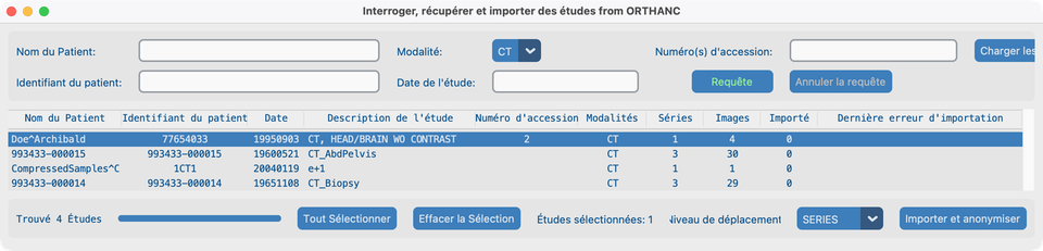 Résultats de requête CT — Doe^Archibald sélectionné