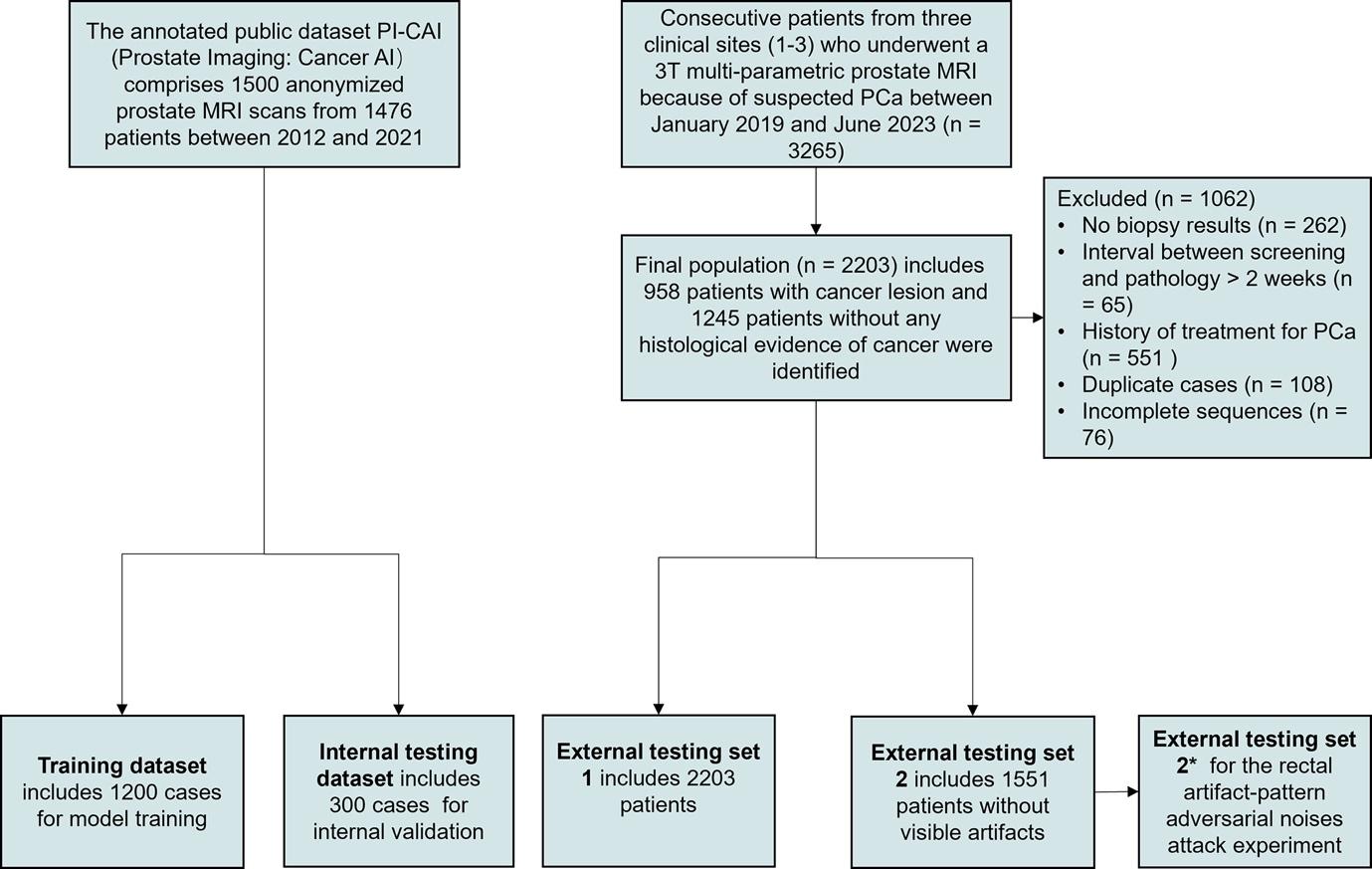 Diagram for inclusion of patients into the study. The PI-CAI public dataset was randomly divided in a 4:1 ratio for model training and internal testing. External testing set 1 assessed model performance in a clinical setting. External testing set 2 contained 1551 cases without visible artifacts. External testing set 2*, sharing the same patients as set 2, had subtle, invisible rectal artifact–like noises added to the images. External testing sets 2 and 2* were used to conduct a rectal artifact–pattern adversarial noise attack experiment to assess rectal artifact noise interference on the DL model. DL = deep learning, PCa = prostate cancer, PI-CAI = Prostate Imaging: Cancer AI.